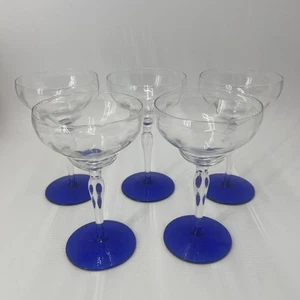 PV09411 Antique Louie Weston Glass Plain OPTIC RIB COBALT Tall Champagne - 5pcs - Picture 1 of 11