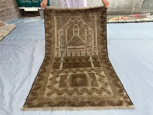 2 Fuß 9 x 4 Fuß 4 Fuß Antik Afghan Handgeknüpfter Teppich Geometrisches Gebet Design Braun Teppich - Bild 1 von 11