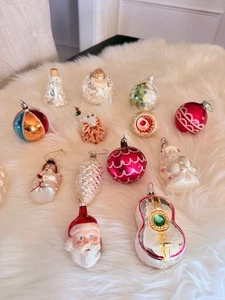 14 vtg Christmas Tree Ornaments mixed lot blown glass Czech USA Figural indent - Picture 1 of 18