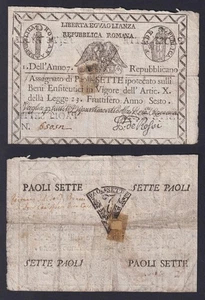 Banknote Italy Vatican City Papal State 7 Paoli 1798 P.-S537 BB/VF - Picture 1 of 1