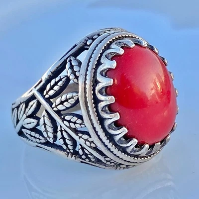 天然也门红色珊瑚戒指 | 925 纯银手工珠宝各种尺寸 — 第 1/4 张图片