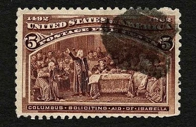 US 1893 #234 Columbus Exposition 5c Chocolate Fancy Cancel VF-XF Used - Image 1 of 2