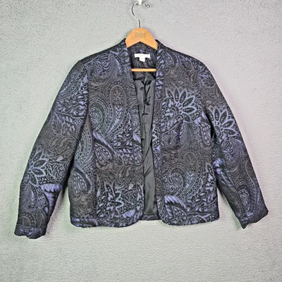 Chaqueta Coldwater Creek Mujer M Negra Púrpura Tapiz Abierta Blazer Jacquard Foto 1 de 4