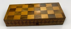 WOODEN HANDMADE BACKGAMMON CHECKERS SET INLAID PIECES MARKETRY 8”x16”x2.5” DICE - Picture 1 of 22