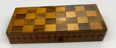 WOODEN HANDMADE BACKGAMMON CHECKERS SET INLAID PIECES MARKETRY 8”x16”x2.5” DICE - Image 1 of 4