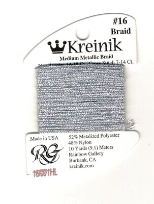 Kreinik Metallic Thread - 11 Yards of #001HL Silver (Hi Lustre) M #16 Braid - Image 1 of 2