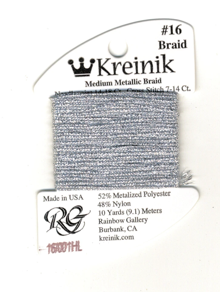 Kreinik Metallic Thread - 11 Yards of #001HL Silver (Hi Lustre) M #16 Braid - Image 1 of 2