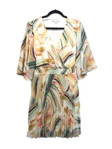 Signify Dress Size XL Pastel Art Flutter Sleeve Pleated V-Neck Chiffon Midi-NEW - Picture 1 of 8