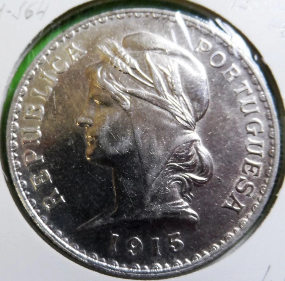 PORTUGAL  1 Escudo  1915  aUNC/XF+  Silver  - Image 1 of 2