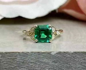 Asscher Cut Green Emerald Lab Created 2Ct Engagement Ring 14K Yellow Gold Plated - Picture 1 of 6