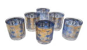 Mid-Century Firenza Blue Gold Low Ball Tumblers Cocktails - Picture 1 of 5