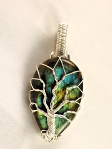 Ciondolo avvolgicavo rame argento placcato albero della vita labradorite fatto a mano - Foto 1 di 4