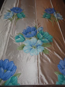 Vintage Fabric Curtain Drapery 1970's Blue Floral Print Satin 48" wide x 90 long - Picture 1 of 5