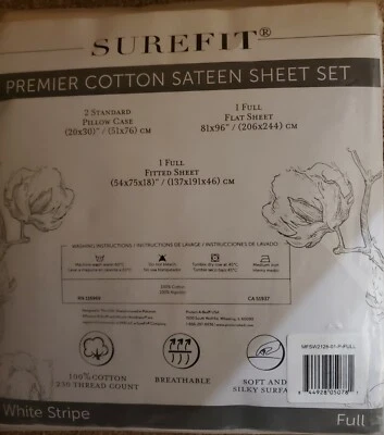 Nuevo - Juego completo de sábanas de satén de algodón Surefit Premier, rayas blancas Foto 1 de 3
