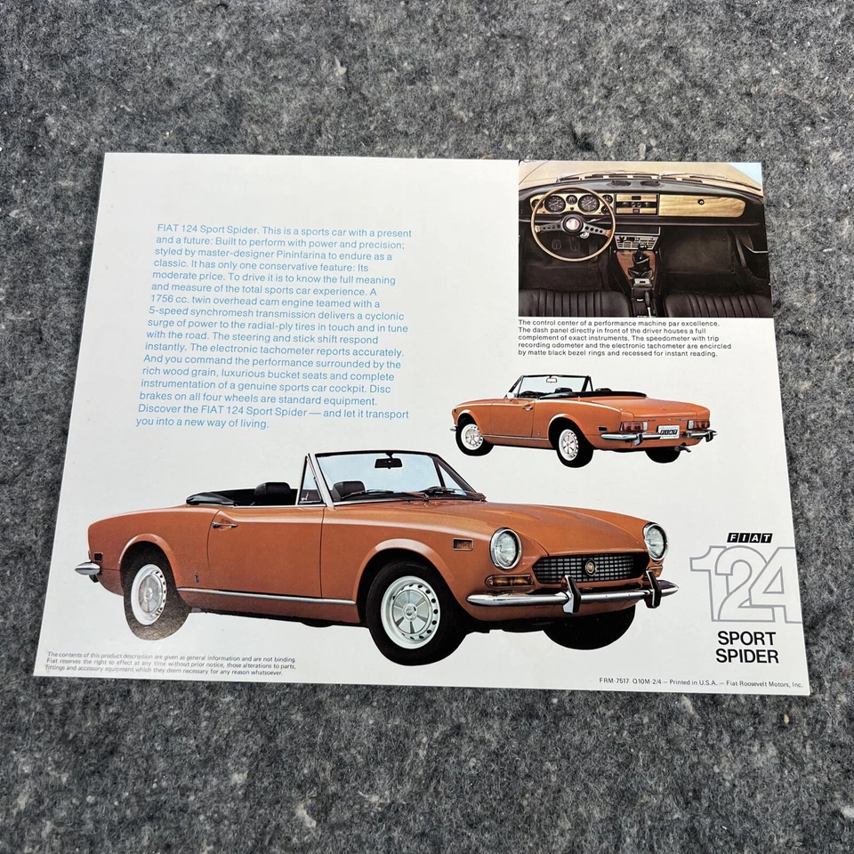 Tarjeta folleto coche Fiat 124 Sport Spider 1974 vintage original 1 página Foto 1 de 2
