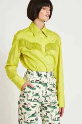 Camisa Rachel Antonoff XS Loretta Western, Otoño '23, chartreuse satén y flecos Foto 1 de 4