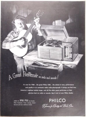 Vintage Magazine Ad 1947 Philco 1256 Rádio Fonógrafo Burl Ives Guitarra - Imagem 1 de 3