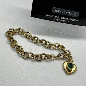 Goldtone Link Bracelet Austrian Crystal Emerald May Birthstone Heart Charm - Picture 1 of 9