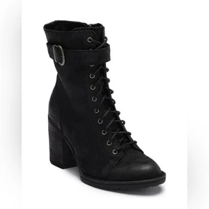 Born Black Suede Leather Lace Up Ankle Boots Buckle Detail Block Heel US 6M - Picture 1 of 15