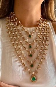 Sabyasachi inspired 6 layered emerald polki necklace bridal haar green long neck - Picture 1 of 4
