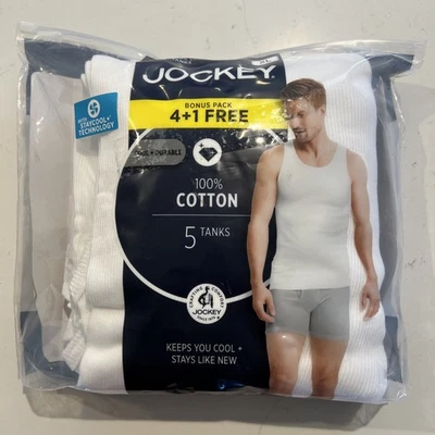 Jockey Mens White Cool & Durable Cotton Tanks 5 Pack Size XL New Open Package - Image 1 of 4