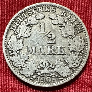 1908-J Alemania 1/2 Marca - Error de Actualización - .900 PLATA - KM#17 - Muy Raro - Imagen 1 de 3