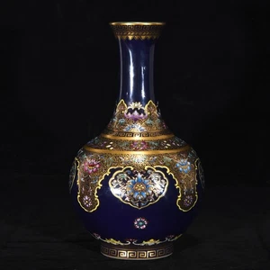 Qing Qianlong Blue Glazed Enamel Gilded Flower Pattern Appreciation Vase - Picture 1 of 9