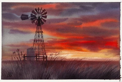 pintura original 20 x 30 cm 151ChO obra de arte acuarela paisaje puesta de sol Foto 1 de 4