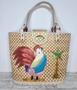 Vintage 1960s Raffia Woven Straw Handbag Embroidered 3D Rooster Palm Tree Wood - Picture 1 of 18