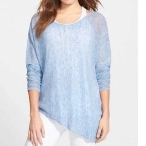 Eileen Fisher Blue Linen Knit Asymmetrical Hem Long Sleeve Top Size Medium - Picture 1 of 6
