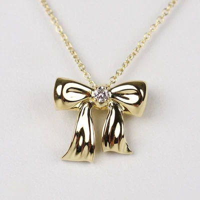 Tiffany Co. Tiffany Blue Box Bow Pendant Necklace Ribbon Diamond K18YG Yellow Go - Image 1 of 4