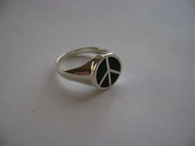 Sterling Silver Peace Sign Black Onyx Stone Inlay Ring New - Image 1 of 3