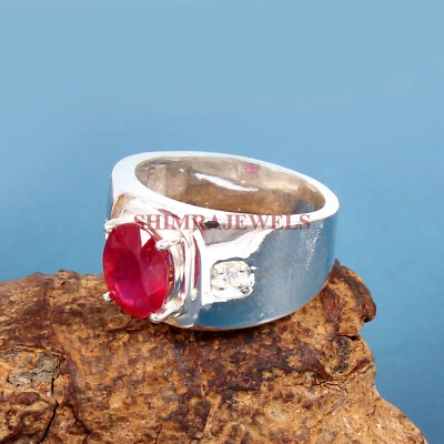Heated Ruby Gemstone With 18K White Gold Plated Silver Ring for Men's #40 - Image 1 of 3