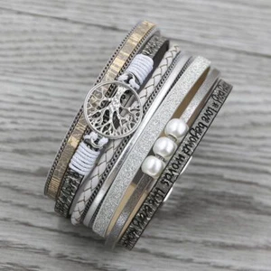 Women Tree Of Life Bracelet Multilayer Leather Bangles Wide Wrap Bracelets 1Pcs - Picture 1 of 20