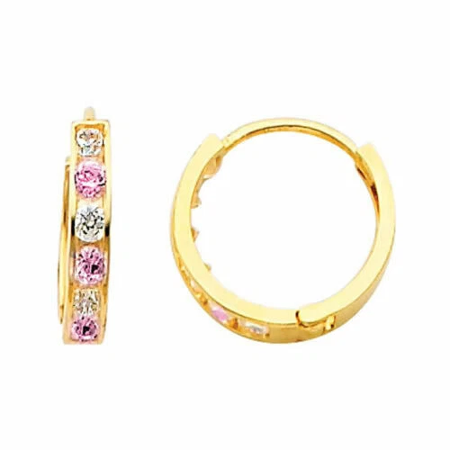 14K Yellow Gold 6-Stone 3X14 Channel Set Pink & White Sapphire Huggies Earrings  - Image 1 of 1