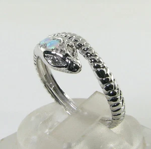 SNAKE 9k 9CT WHITE GOLD AUS OPAL DIAMOND ART DECO INS RING FREE RESIZE - Picture 1 of 5