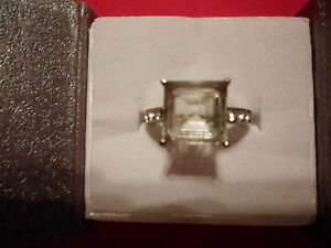 Green Amethyst Square Solitaire Ring w/Austrian Crystal Accents in Stainless 