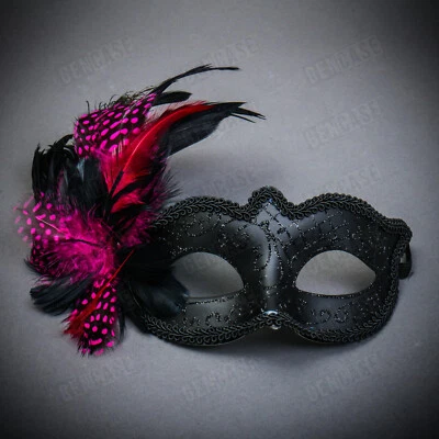 Venetian Black Glitter Side PINK Feather Women Eyes Mask Masquerade Party fNight - Image 1 of 4
