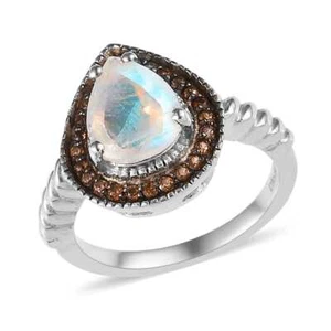2.15ctw Premium Rainbow Moonstone & Brown Zircon Ring Platinum Plated Size 7 - Picture 1 of 6