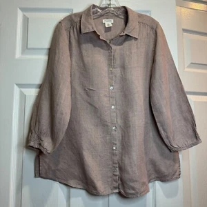 Artisan NY Womens Linen Blouse Button Up Peasant 3/4 Sleeve Taupe Size Medium - Picture 1 of 16