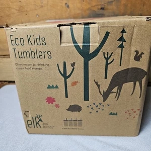 Elk and Friends Eco Kids Tumblers 10oz Mason Jar design Kids & Toddler 4pk w/lid - Picture 1 of 9