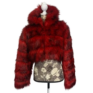 FASHION Red Faux Fur Hooded Long Sleeve Cropped Coat Plush Jacket Womens 2XL - Picture 1 of 6