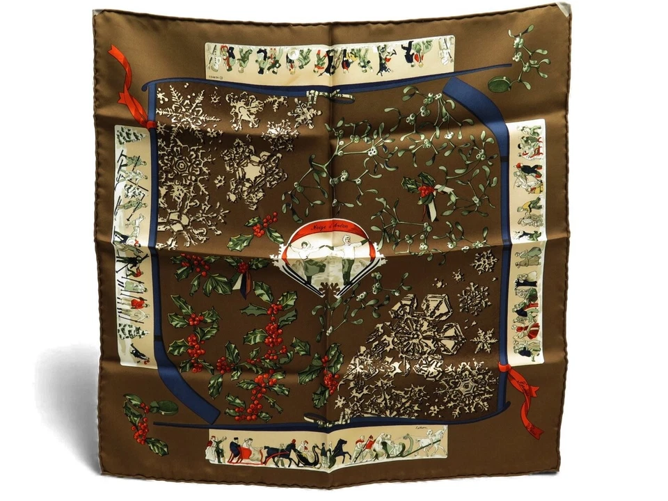 NUEVO PAÑUELO HERMES NIEVE ANTAÑO GAVROCHE CARRO 45 CM SEDA MARRÓN BUFANDA... - Imagen 1 de 1