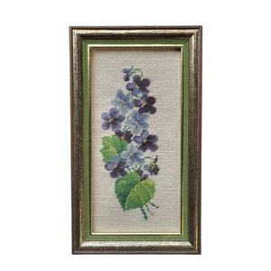 Framed Floral Needlepoint Picture of a Bouquet of Violets 8"x14" - Picture 1 of 3