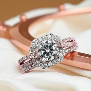 Wedding Ring Set 2.40 Carat IGI Lab Grown Round Cut Diamond 14K Multi Tone Gold - Picture 1 of 12