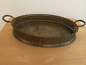 Vintage Mid Century 12" Oval Brass Serving Tray High Woven Wire Edge + Handles - Picture 1 of 11