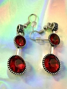 Vintage Sliver Tone Filigree, Ruby Color glass drop earrings Item B-3 - Picture 1 of 8