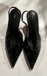 NWT ZARA BLACK SLING BACK HEELS WITH GROMMETS - EUR 39 US 9 - Picture 1 of 6