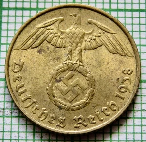 GERMANY THIRD REICH 1938 F 5 REICHSPFENNIG EAGLE Holding Swastika AUNC km# 91 - Picture 1 of 6