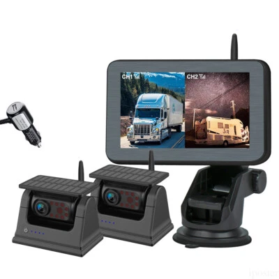 5" wireless 2CH car monitor 2x solar magnetic reversing camera truck RV caravan - Image 1 of 4